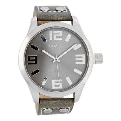 OOZOO Timepieces - Zilverkleurige horloge met grijze leren band - C1057