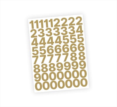 Cijfer stickers / Plaknummers - Stickervel Set - Metallic Goud - 3cm hoog - Geschikt voor binnen en buiten - Standaard lettertype - Mat