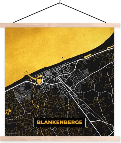 Posterhanger incl. Poster 40x40 cm - Schoolplaat - Stadskaart - Gold - Blankenberge - Plattegrond - Kaart - Textielposter - Blanke latten - Stadskaart