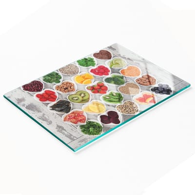 Glazen serveerplank met afbeeldingen van gezonde voeding, 80x52 cm