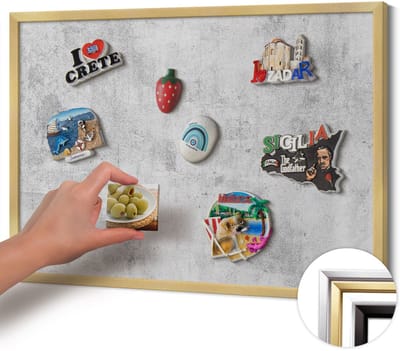 Wallfluent - Grijs Magneetbord met Ontwerpen - 60 cm x 40 cm - Magneetbord met Gouden Frame - Versleten betontextuur - Magneetbord voor Herinneringen - Magneetbord voor Foto's en Notities - Magnetisch Bord voor Magneten