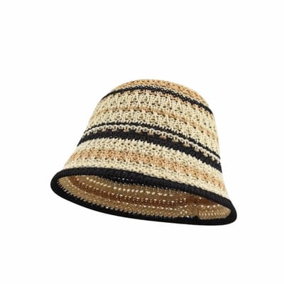 Chapeau de pêcheur ajouré en tricot rayé Protection UV Respirant Chapeau seau au crochet Large bord Multicolore Chapeau de soleil fin Voyage beige