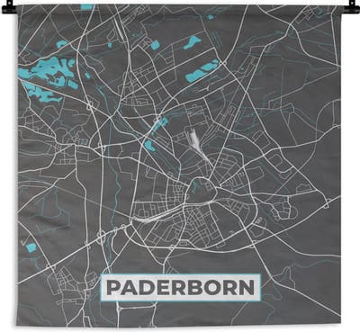 Wandkleed - Wanddoek - Blauw – Duitsland – Plattegrond – Stadskaart – Kaart – Paderborn - 180x180 cm - Wandtapijt