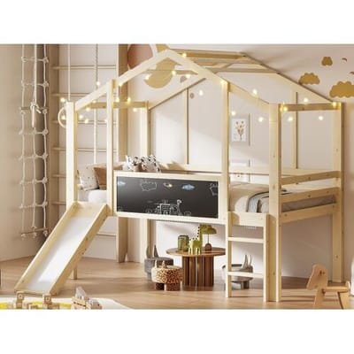 ModernLuxe Kinderhoogbed 90x200 cm - met veiligheidsladder - met glijbaan - met tekenbord - Natuur (matras niet inbegrepen)