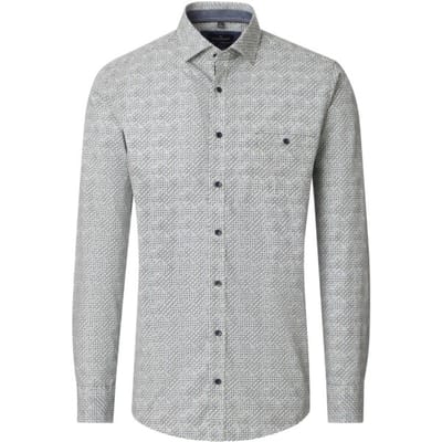 CASA MODA Sport casual fit overhemd - popeline - wit met groen dessin - Strijkvriendelijk - Boordmaat: 43 - 44