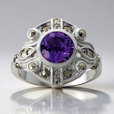 Cavill - Zilveren Ring - 925 Sterling Zilver met 1,12 ct Amethist en 0,334 ct Oostenrijkse Marcasiet - Elegant Puur Paars Design