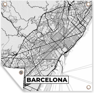 Tuin poster Barcelona - Stadskaart - Plattegrond - Zwart Wit - Kaart - 200x200 cm - Tuindoek