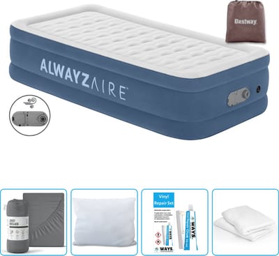 Bestway Alwayszair luchtbed - 1-Persoons - 97 x 191 x 46 cm - Blauw - Inclusief pomp - Hoeslaken - Kussen - Kussenbeschermer en Reparatieset
