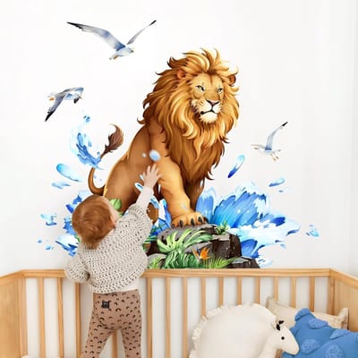Muurstickers met Leeuw en Junglebladeren - Tropische Wanddecoratie voor Baby- en Kinderkamers, Peuter Speelruimtes