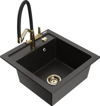 Mexen Vito granieten gootsteen 1-komer met keukenmengkraan Duo, zwart/goud metallic - 6503-75-671701-57-G