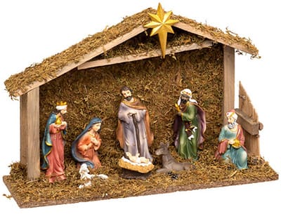 Feeric Christmas Kerststal - met 8 beeldjes - 22 x 11 x 35 cm - kerstdecoratie - kerstversiering stalletje met kerstbeelden
