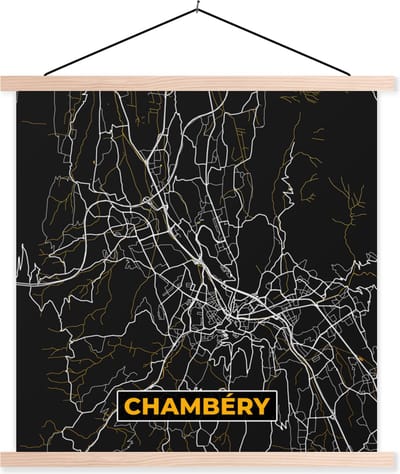 Posterhanger incl. Poster 40x40 cm - Schoolplaat - Frankrijk – Chambéry – Stadskaart – Plattegrond – Kaart - Textielposter - Blanke latten - Stadskaart