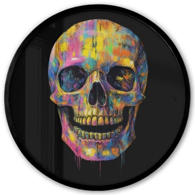 Poster in lijst Rond - Fotolijst 40x40 cm - Posters - Penseelstreken - Schedel - Kleurrijk - Abstract - Ronde posterlijst zwart - Decoratie - Wanddecoratie woonkamer - Muurdecoratie slaapkamer