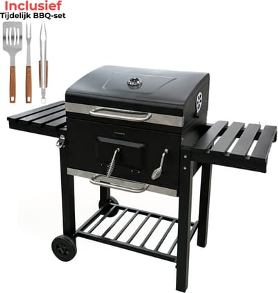 Luxoralife Houtskool BBQ- smokerbarbecue- PFAS Vrij - bbq houtskool- Verstelbaar Kolenrooster - 42x57cm Grilloppervlak - Zijpanelen - Zwart
