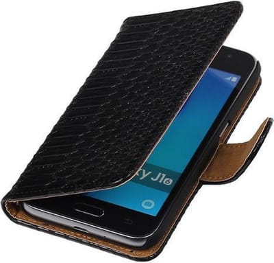 Zwart Slang booktype cover hoesje voor Samsung Galaxy J1 (2016)