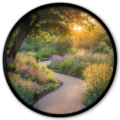 Poster in lijst Rond - Fotolijst 40x40 cm - Posters - Pad - Bloemen - Park - Ronde posterlijst zwart - Decoratie - Wanddecoratie woonkamer - Muurdecoratie slaapkamer