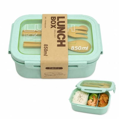 VHV-Bento Lunchbox 850ML - Duurzame Tarwestro Lunchtrommel met Vakken - Magnetronbestendige Maaltijdbox met Bestek - Lekvrije Bento Box voor Werk en School
