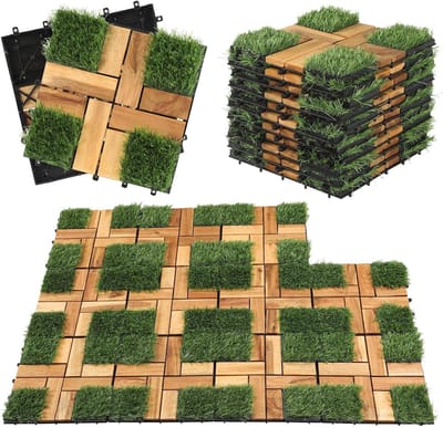 66 x 30 cm Artificial Grass Tiles Balcony Tiles Weatherproof Acacia Wood Decking Tiles with Click System Wooden Tiles for Balcony Floor, Patio, Garden, Pack of 66 = 6 m²