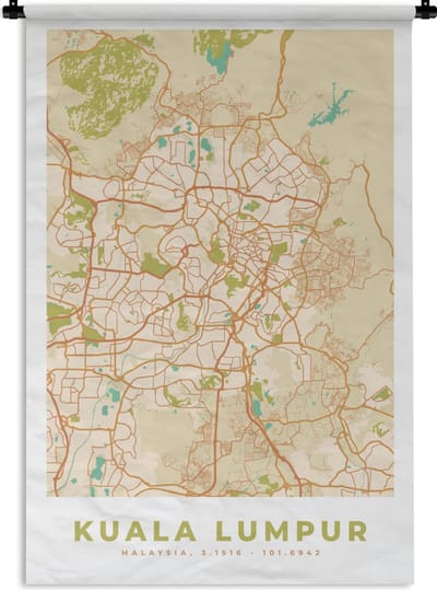 Wandkleed - Wanddoek - Kaart - Kuala Lumpur - Stadskaart - Plattegrond - Vintage - 120x180 cm - Wandtapijt
