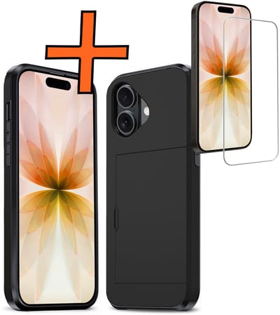 Hoesje Geschikt voor iPhone 17 Hoesje Pasjeshouder Shockproof Hard Case Met Screenprotector - Hoesje Geschikt voor iPhone 17 Hoes Met Kaarthouder - Zwart