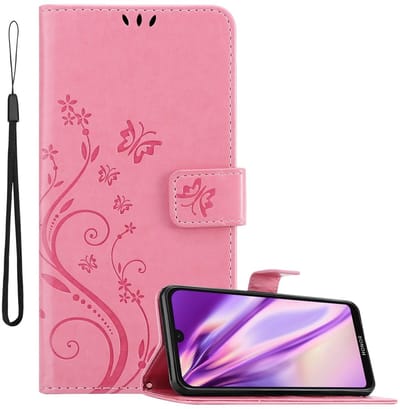 Cadorabo Hoesje geschikt voor Huawei Y5 2019 / Enjoy Play 8 / Honor 8S in BLOEMEN ROZE - Beschermhoes in bloemmotief met magnetische sluiting, standfunctie en kaartsleuven Book Case Cover Etui