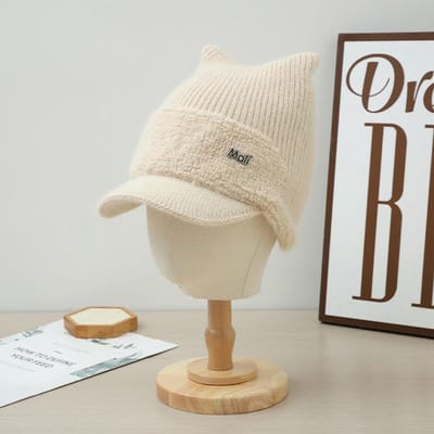 Chapeau d'hiver à oreilles de chat pour femme en velours pelucheux épaissi, proof froid, chapeau en laine, protection chaude pour les oreilles, tricoté, décontracté, polyvalent, casquette de baseball average size beige