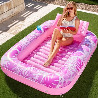 Opblaasbare Lounger voor Zonnebaden in Zwembad - 4-in-1 Luchtbed met Kussen en Bekerhouders - Extra Groot - Felroze
