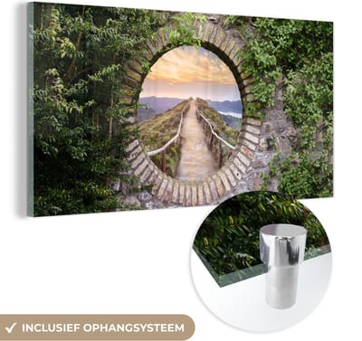 MuchoWow® Glasschilderij 40x20 cm - Schilderij acrylglas - Brug - Zee - Doorkijk - Zomer - Foto op glas - Schilderijen