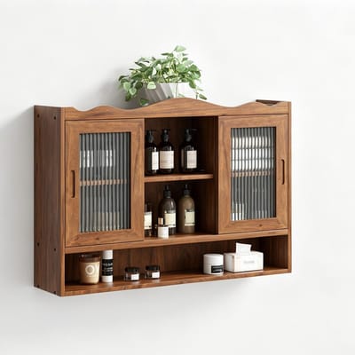 DESMIU Dressoir - Retro Wandkast Met 2 Schuifdeuren - Drie Opbergvakken Voor Badkamer En Keuken - Massief Hout En Glas - 90x20x60 Cm - Bruin