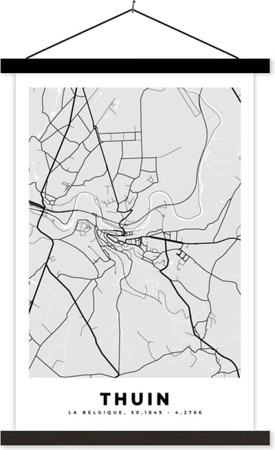 Posterhanger incl. Poster 40x60 cm - Schoolplaat - België – Thuin – Stadskaart – Kaart – Zwart Wit – Plattegrond - Textielposter - Zwarte latten - Stadskaart