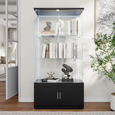 Glazen Display Kast Zwart met LED Strip – Vitrinekast met Slot – 3 Laags Showcase Cabinet met Onderkast