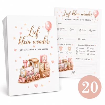 Babyshower Invulkaarten 20 stuks - Locomotief ABC - Collectie Lief klein wonder - A6 formaat - Voorspellingskaarten - Babyshower Spelletjes - Jongen of Meisje