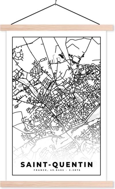 Posterhanger incl. Poster 40x60 cm - Schoolplaat - Stadskaart - Saint-Quentin - Plattegrond - Kaart - Frankrijk - Zwart wit - Textielposter - Blanke latten - Stadskaart
