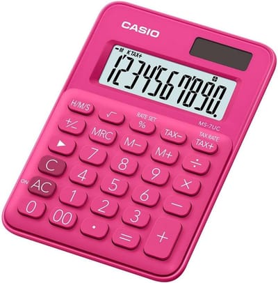 Tafelrekenmachine - Zakencalculator - Financiële berekeningen - Dubbele stroomvoorziening - 10-cijferig display - Rood