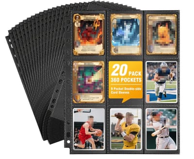 360 stuks verzamelkaarthoezen, dubbelzijdig 9 vakjes, zijdelingse bescherming, 11 gaten, zwarte kaartvelden Geschikt voor sportkaarten, 20 pagina's accessoires.