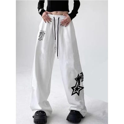Lente en Herfst Nieuwe Trekkoord Heup Hoodie Broek Dames Nieuw High Street Design Bedrukt Wijde Pijpen Sport Vrijetijdsbroek 2XL