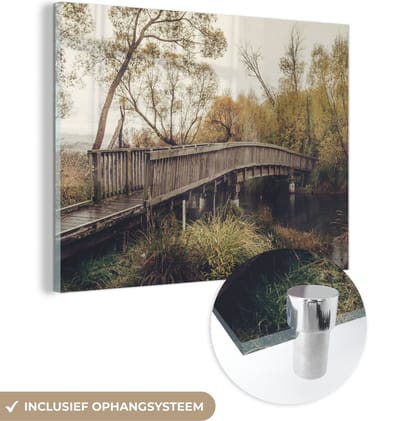 MuchoWow® Glasschilderij 40x30 cm - Schilderij acrylglas - Herfst - Brug - Bomen - Foto op glas - Schilderijen