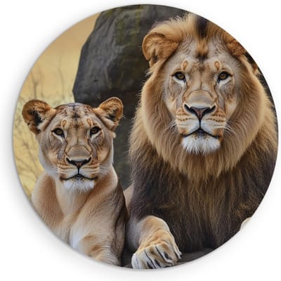 Saammp Muurcirkel Hout - Leeuw en Leeuwin op grote steen - Dieren - Natuur - Ø 90 - Wandcirkel - Wanddecoratie Cirkel - Muurdecoratie Woonkamer - Slaapkamer decoratie - Rond Schilderij