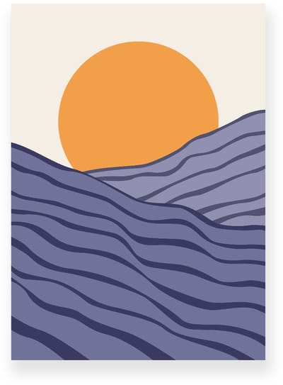 Poster 20x30 cm - Zonsondergang - Gelaagde Heuvels - Oranje - Blauw - Minimalistisch - Landschap - Muurdecoratie - Wanddecoratie