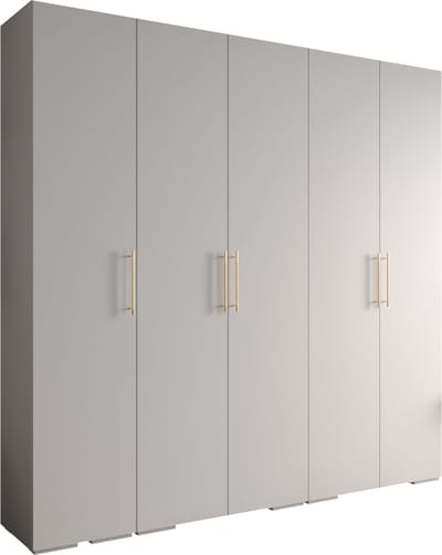 Opbergkast Kledingkast met 5 draaideuren Garderobekast slaapkamerkast Kledingstang met planken | Gouden Handgrepen, elegante kledingkast, glamoureuze stijl (LxHxP): 250x237x47 cm - IVONA 3 (Wit, 250 cm)