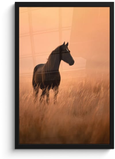 Poster in lijst - Fotolijst 40x60 cm - Posters - Paard - Grasveld - Zonsondergang - Posterlijst zwart - Decoratie - Wanddecoratie woonkamer - Muurdecoratie slaapkamer