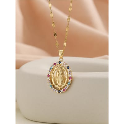 Europese en Amerikaanse mode minimalistische heren en dames micro ingelegde zirkonia Maagd Maria uitgesneden cirkelvormige ketting 40-45cm beige