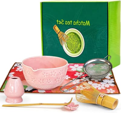 Complete Matcha Set met 7 Onderdelen: Keramische Kom, Bamboe Klopper, Zeef en Accessoires voor de Perfecte Thee-ervaring