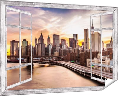 Gards Tuinposter Doorkijk Brooklyn Bridge Brug in New York - 180x120 cm - Tuindoek - Tuindecoratie - Wanddecoratie buiten - Tuinschilderij