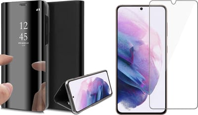 Hoesje geschikt voor Samsung Galaxy S21 FE - Book Case Spiegel Wallet Cover Hoes Zwart - Tempered Glass Screenprotector