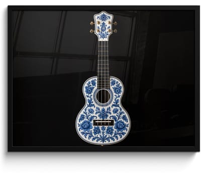 Poster in lijst - Fotolijst 70x50 cm - Posters - Ukelele - Delfts - Blauw - Muziek - Posterlijst zwart - Decoratie - Wanddecoratie woonkamer - Muurdecoratie slaapkamer