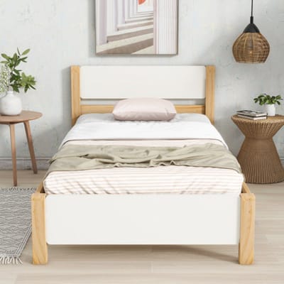 SINGULARITY-Eenpersoonsbed 90x200 cm- houten bed- grenen frame met centrale poot- jeugdbed- volwassen bed- wit + naturel- zonder matras