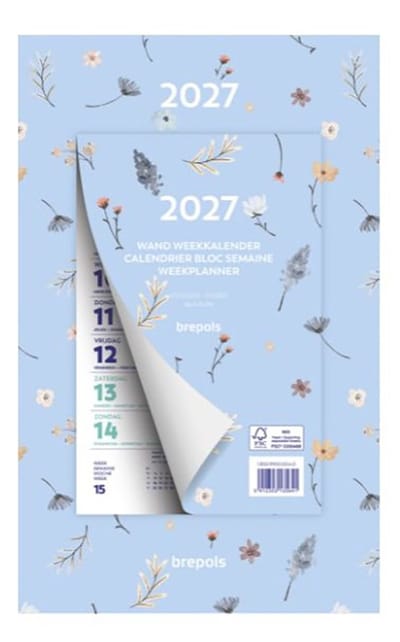 Brepols Wand-week kalender 2027 - Fantasy - Week begint op maandag - 19 x 31 cm - Blauw - Bloem