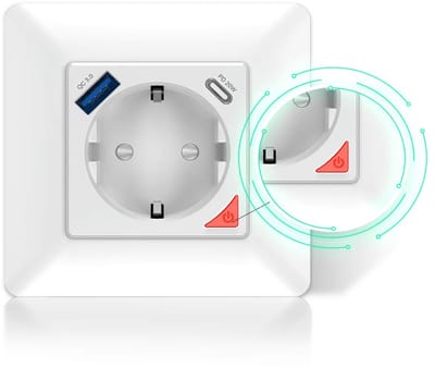 Moes wandcontactdoos met USB-C | inbouw stekker met Wifi | Werkt met Tuya Smart en SmartLife | snel laden via USB type A & C | shuko | 16A | DC 20W out | aan/uit knop | inbouwstopcontact