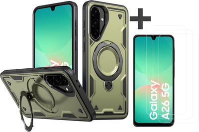Hoesje Geschikt voor Samsung Galaxy A26 met 3 Stuks gehard glas Screenprotectors - Armor hoes met Ringhouder - Arara backcover - Groen